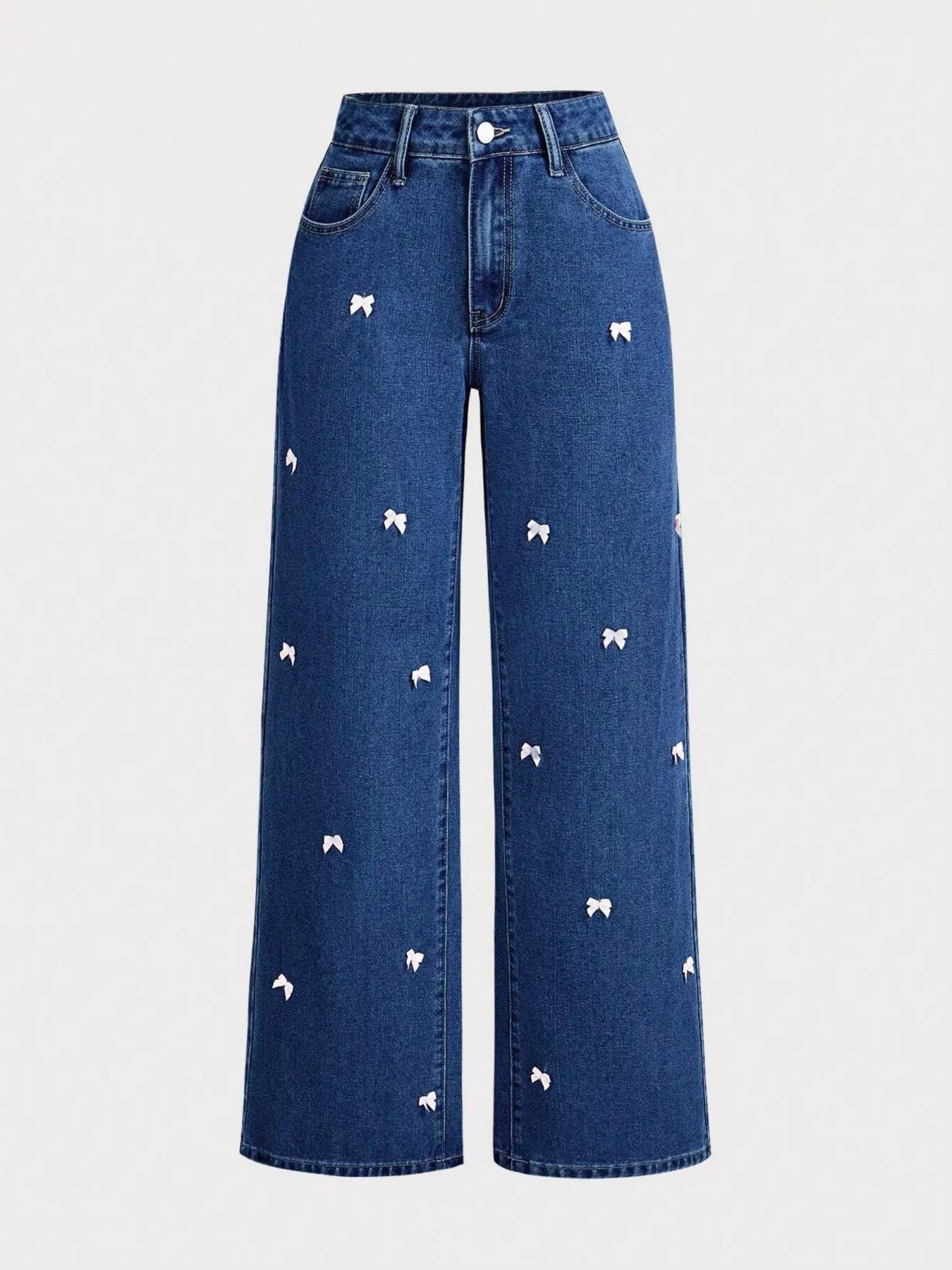 Bow-Embellished Wide Leg Jeans