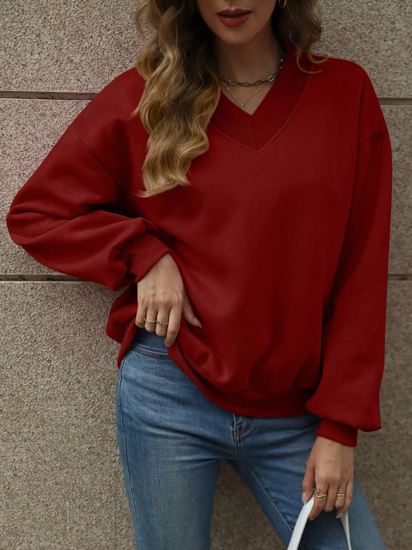 V-Neck Solid Color Casual Sweatshirt