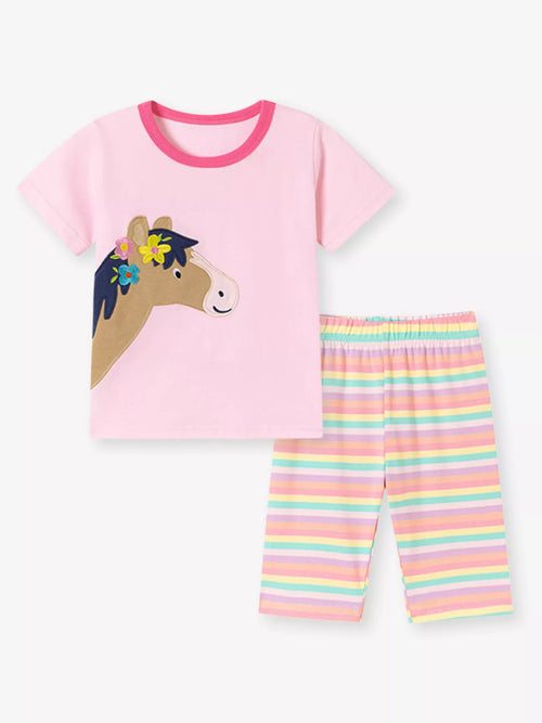 Children's Horse Applique Top & Rainbow Striped Pants Set