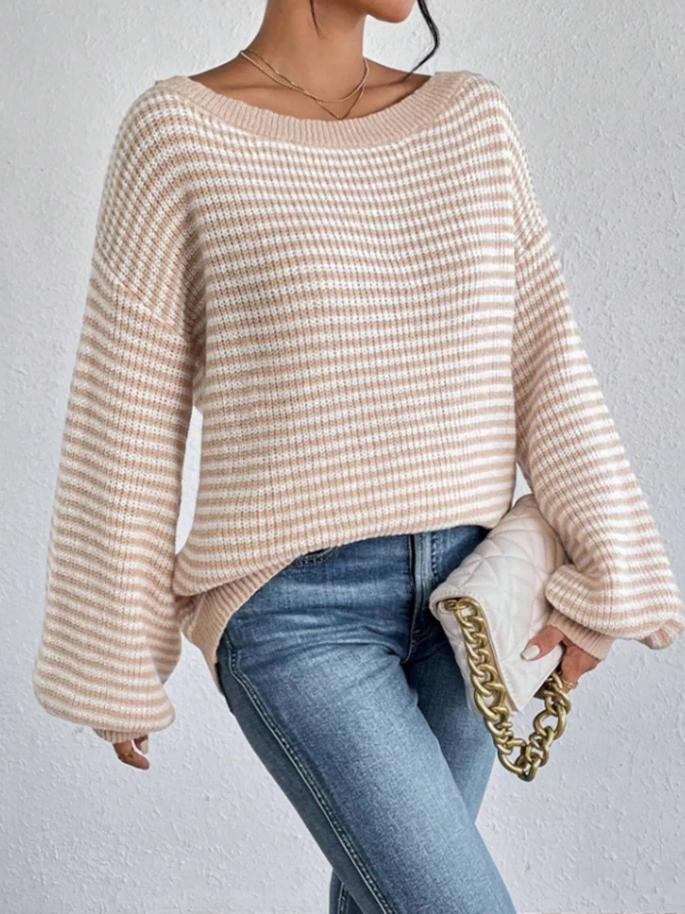 Striped Boat Neck Long Sleeve Sweater