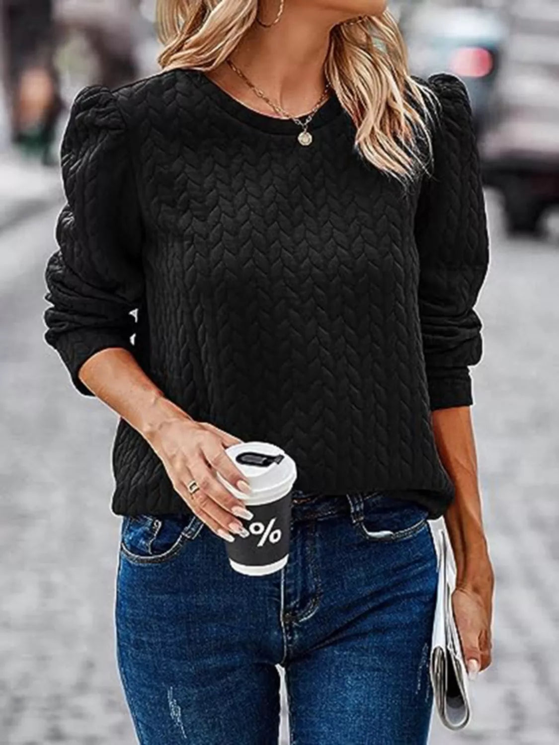 Textured Round Neck Long Sleeve Blouse