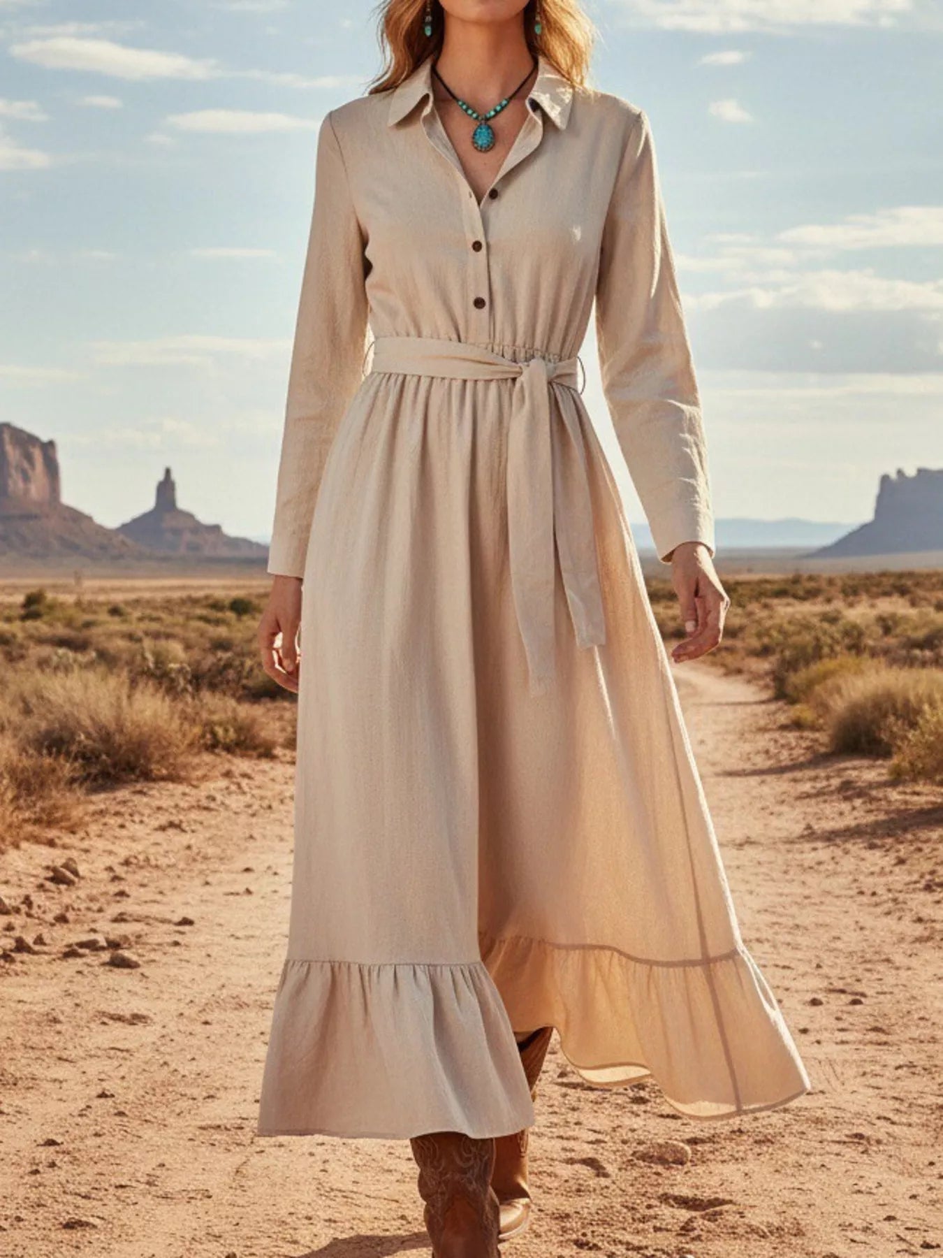 Tie Waist Long Sleeve Ruffled Hem Dress