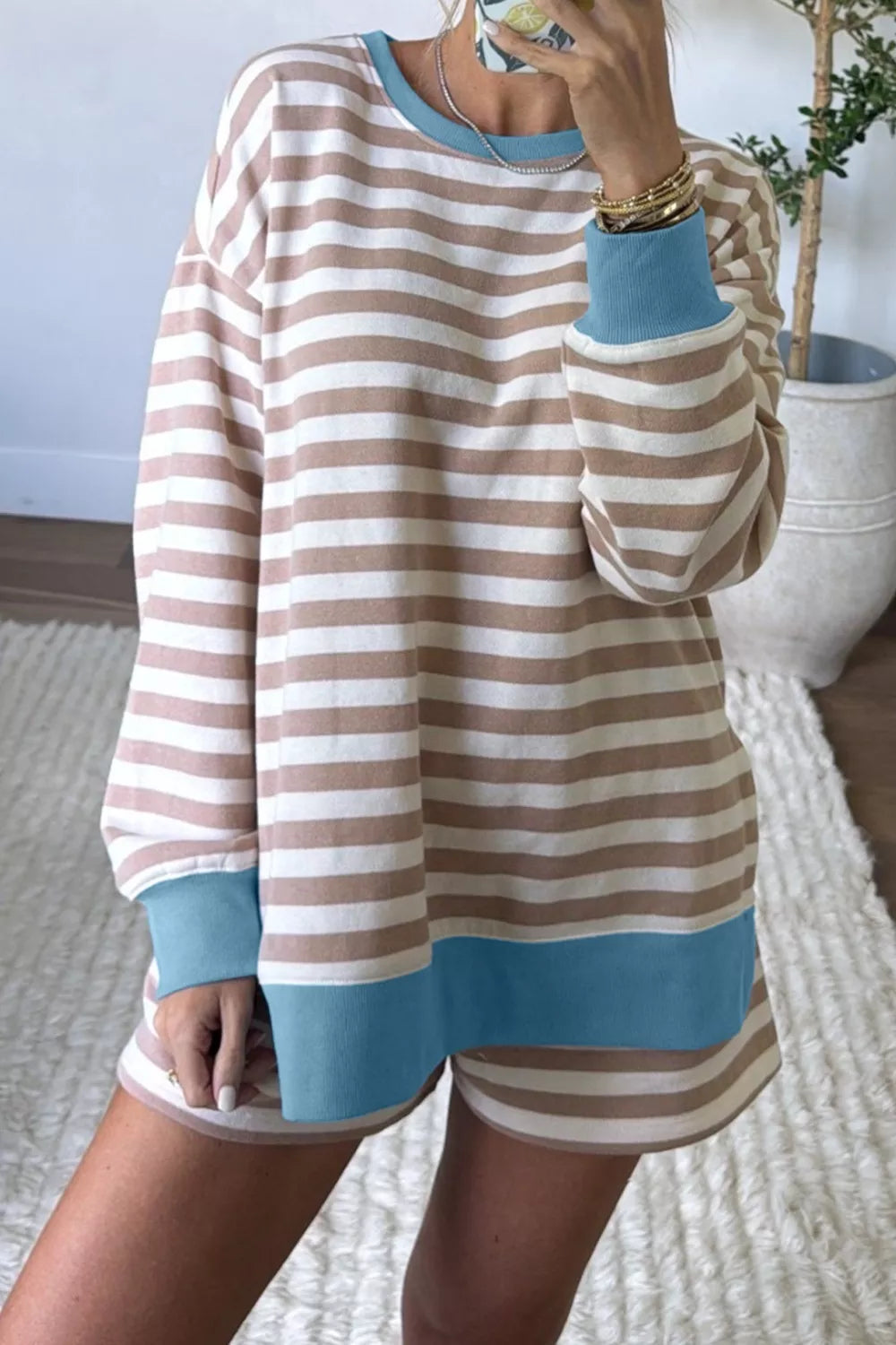 Stripe Color Block Patchwork Oversized Top and Shorts 2pcs Set
