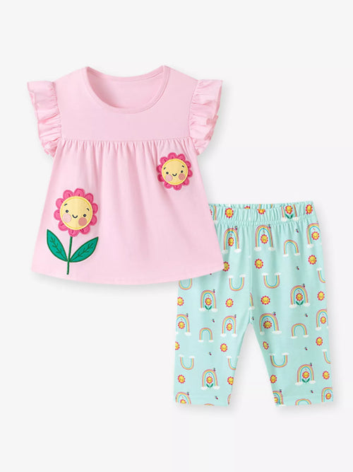 Children's Flower Appliqué Top & Rainbow Print Capri Set