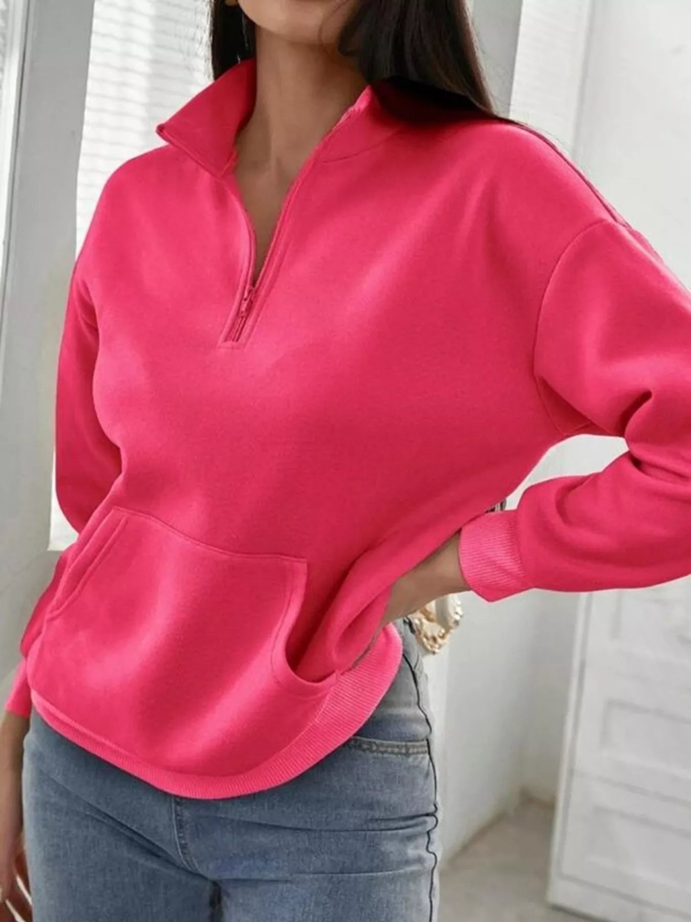 Zip-Up Collar Sweatshirt with Pocket