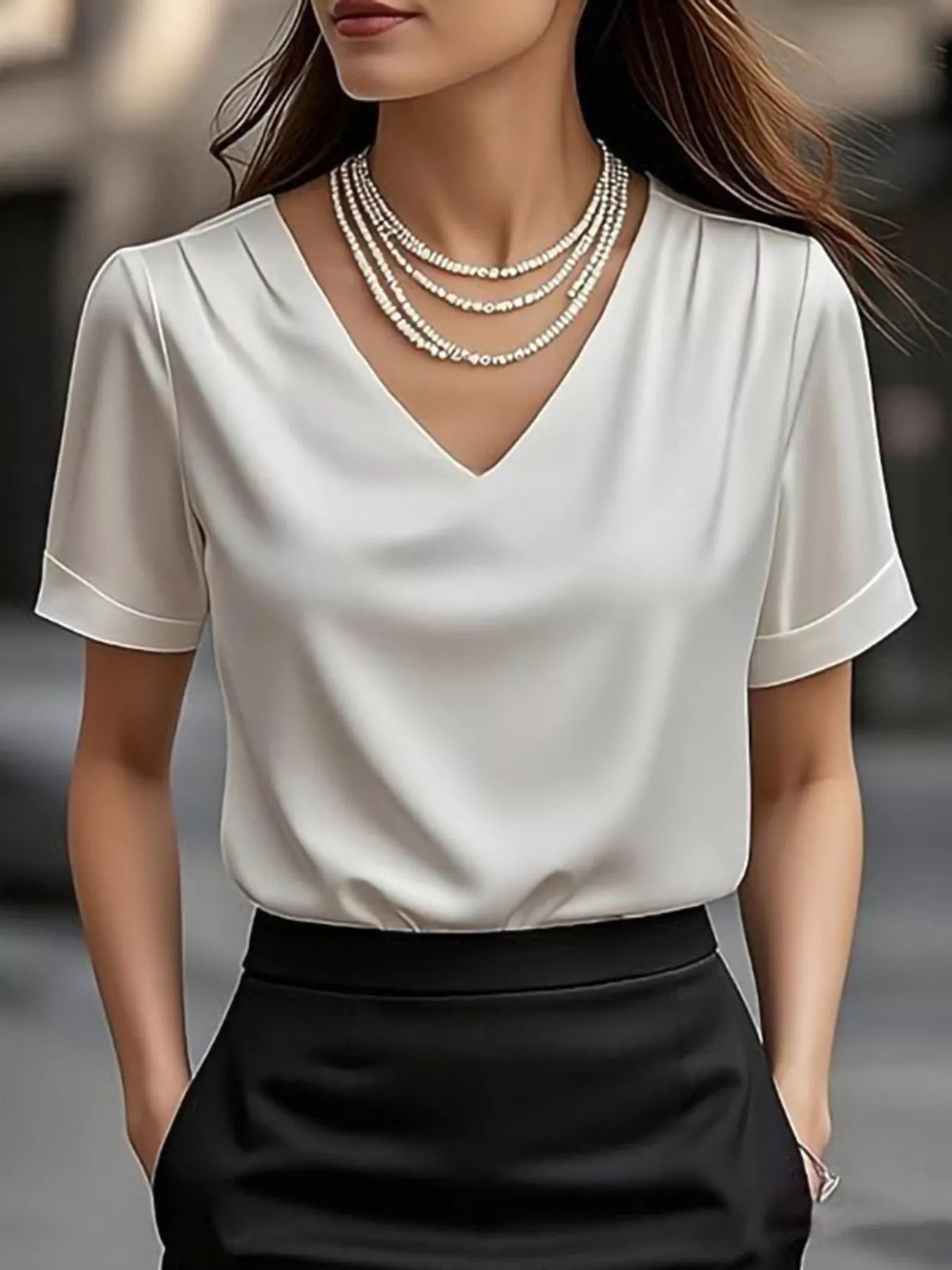 V-Neck Short Sleeve Satin Blouse