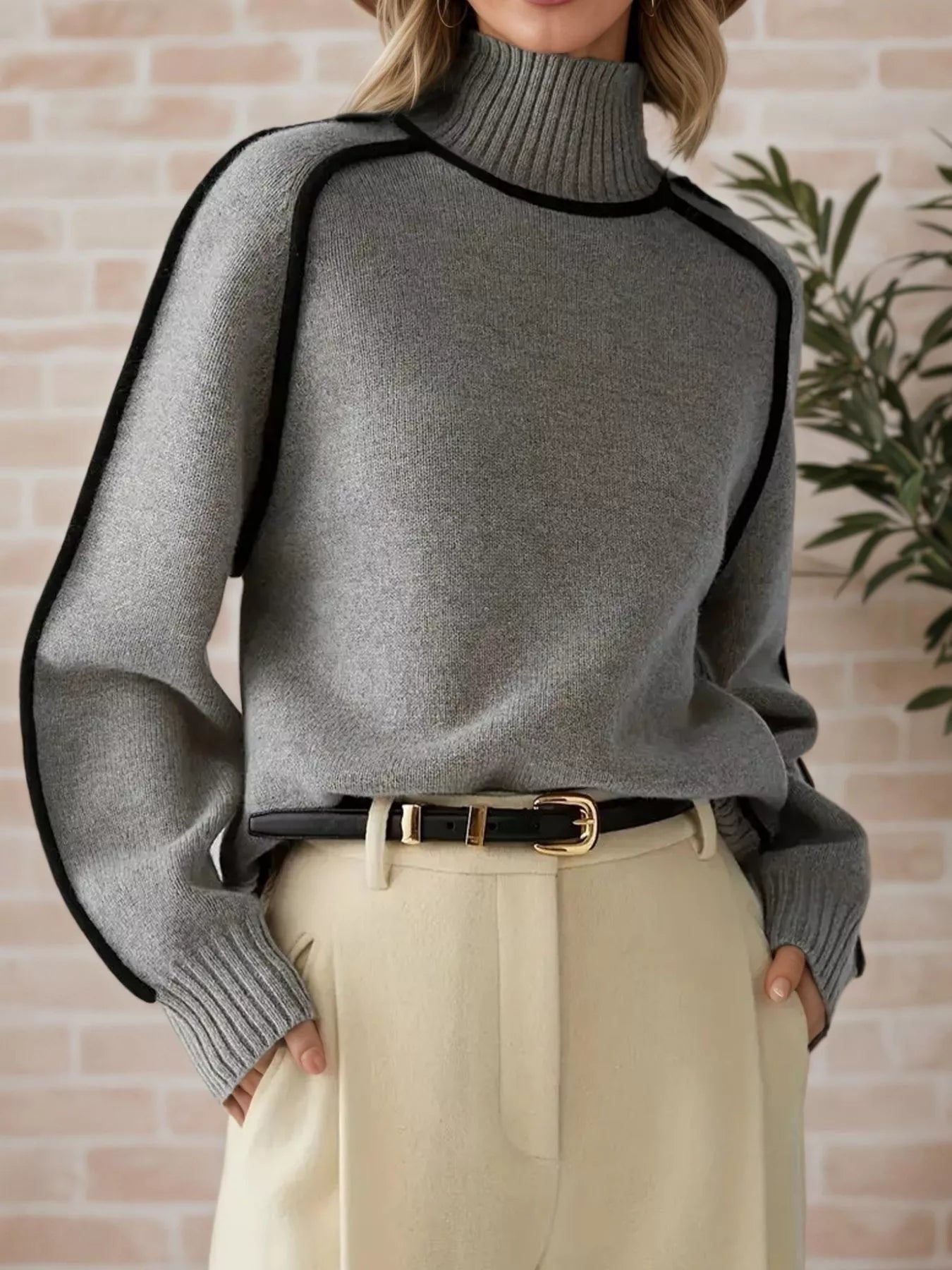 Contrast Trim Turtleneck Sweater
