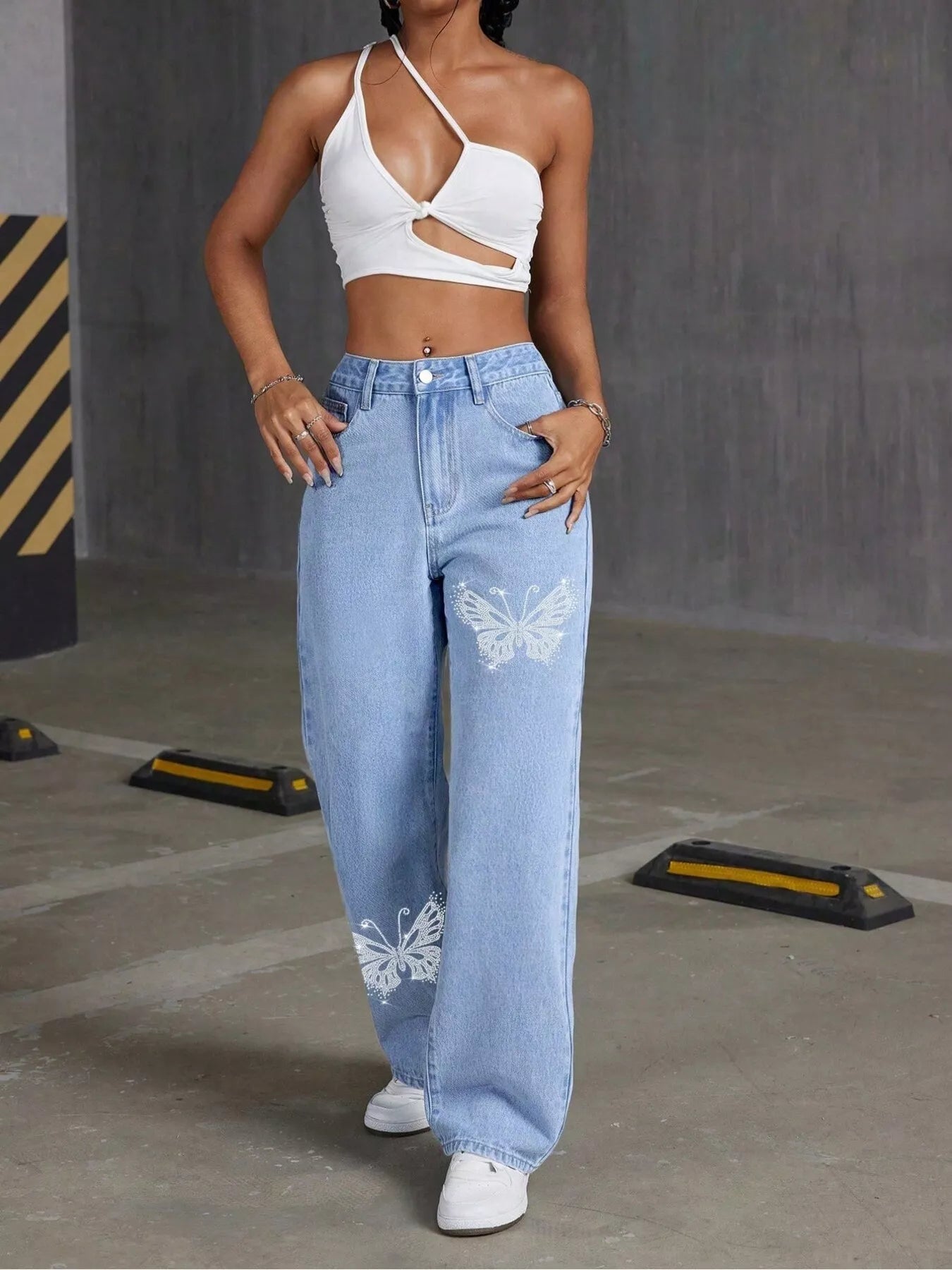 Butterfly Embellished Wide Leg Jeans