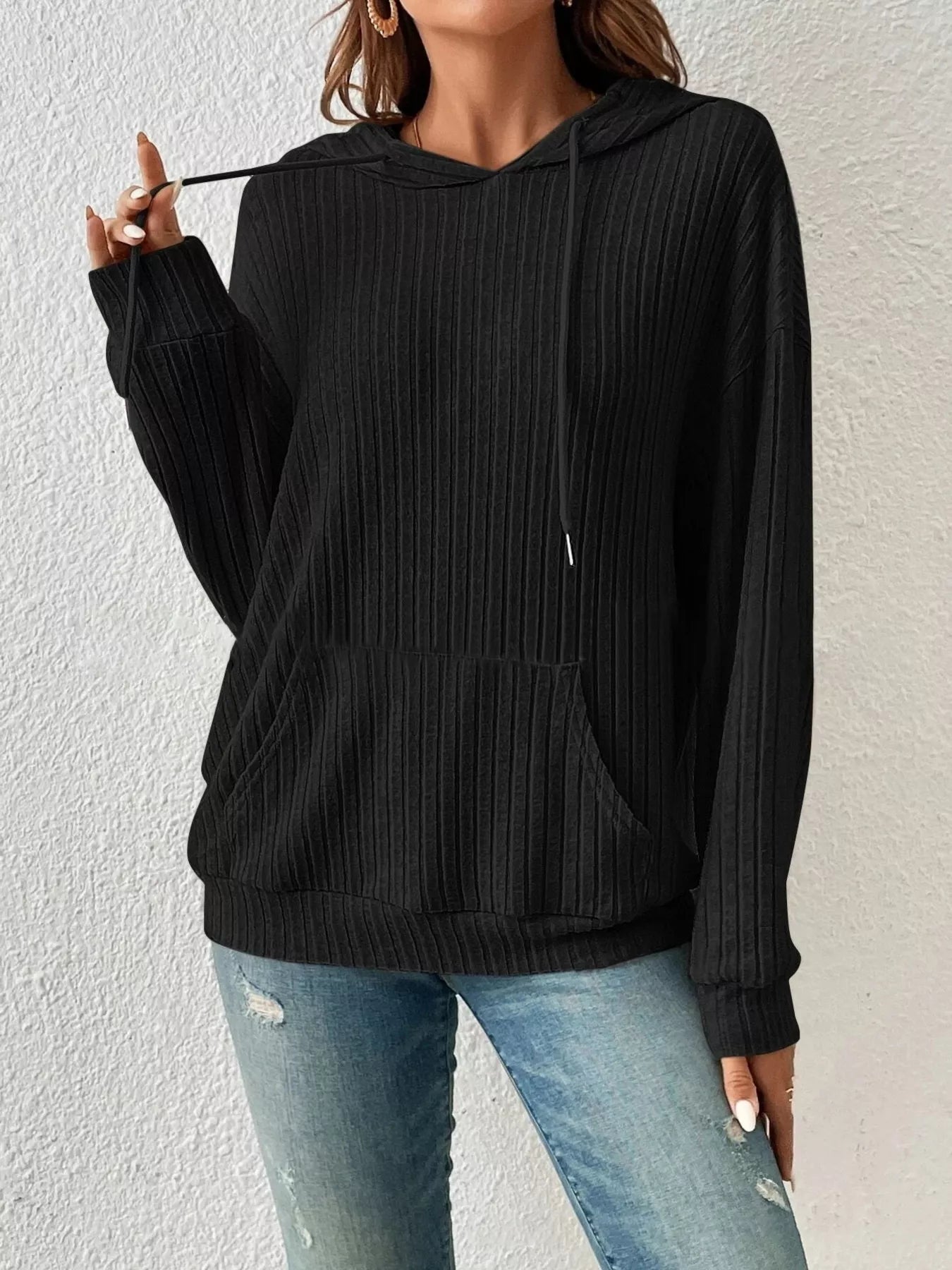 Ribbed Knit Long Sleeve Hoodie