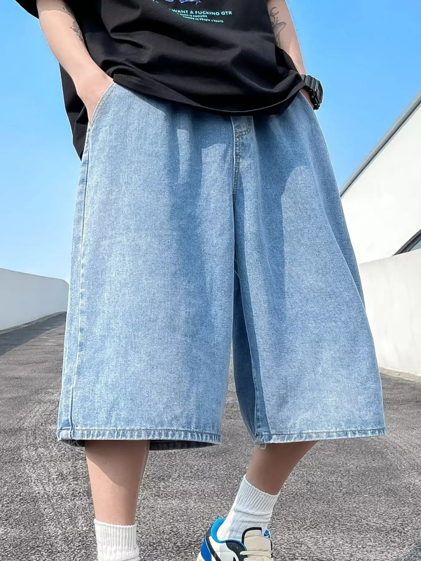 Men's Full Size Vintage Wash Wide-Leg Denim Shorts Plus Size