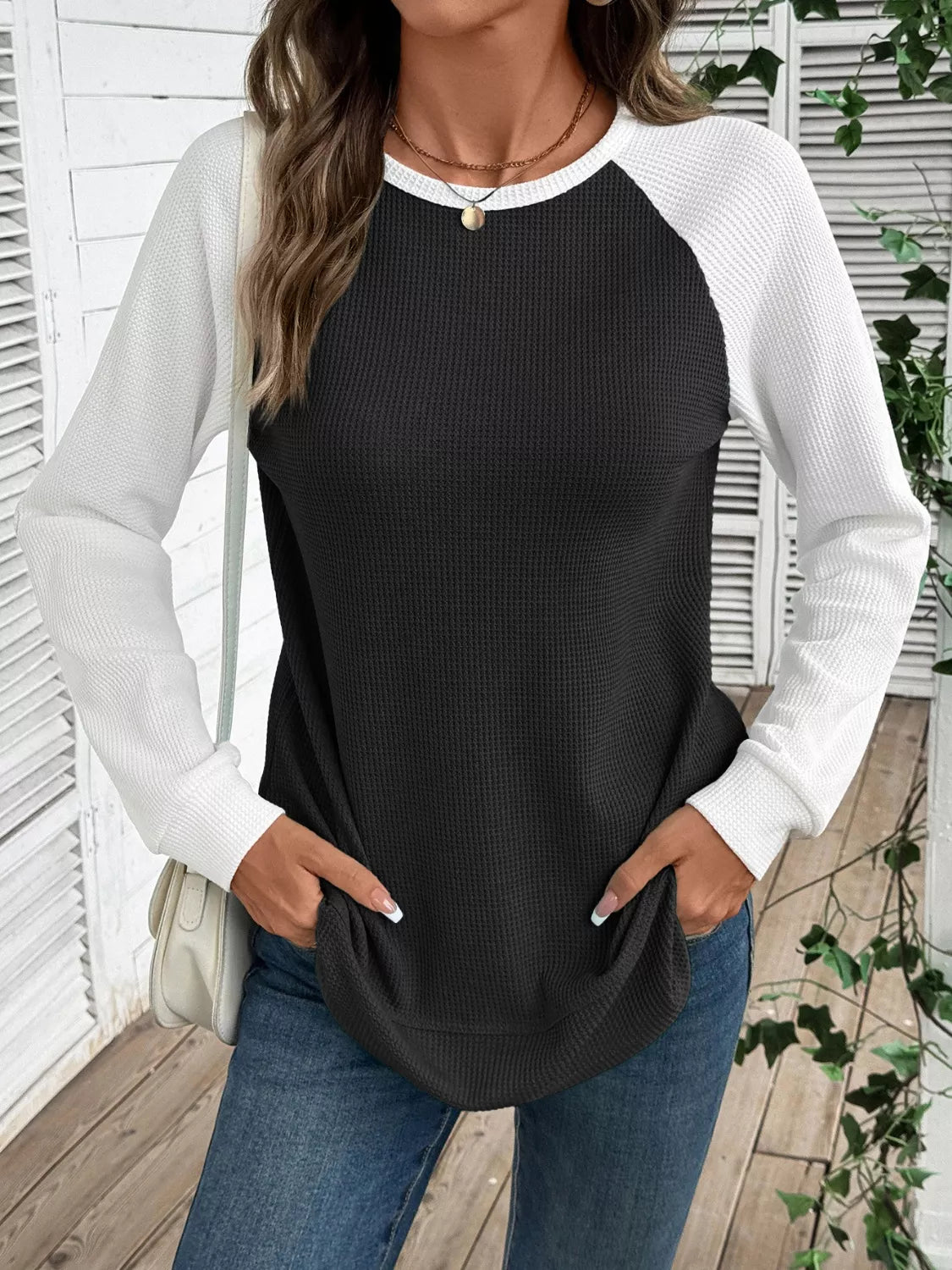 Waffle Knit Raglan Sleeve T-Shirt