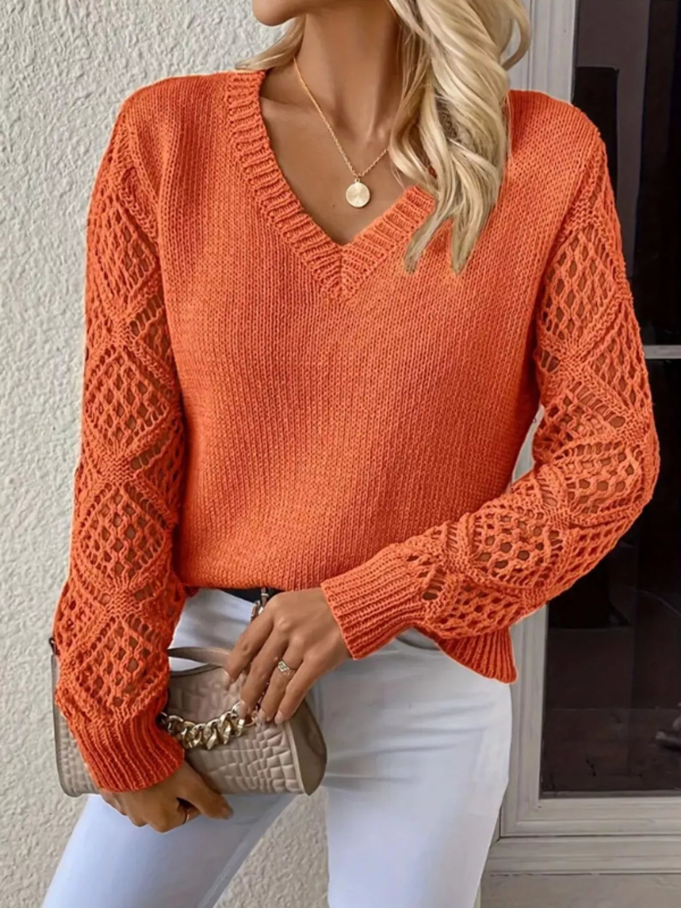 V-Neck Crochet Sleeve Sweater
