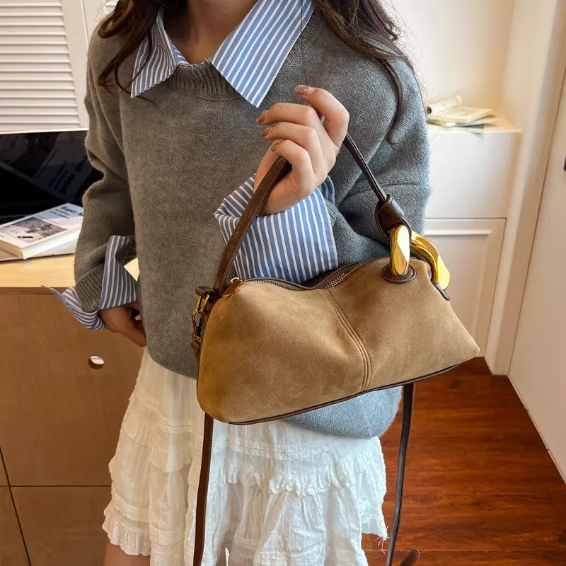 Suede Crossbody Bag with Gold Hardware
