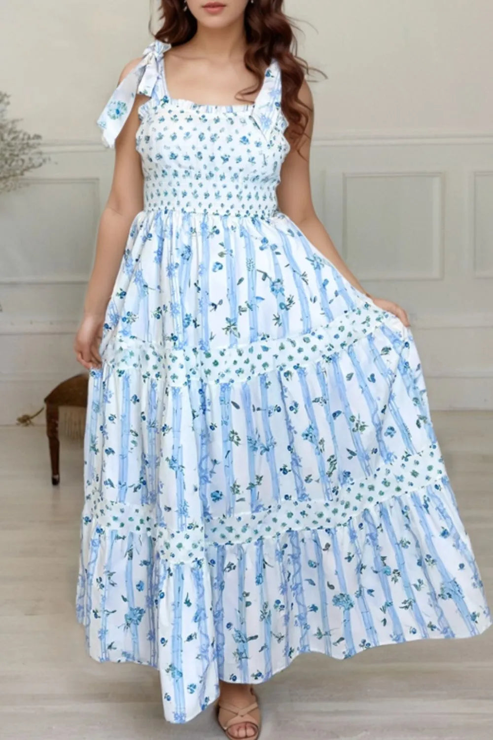 Floral Smocked Tied Straps A-Lined Tiered Dress