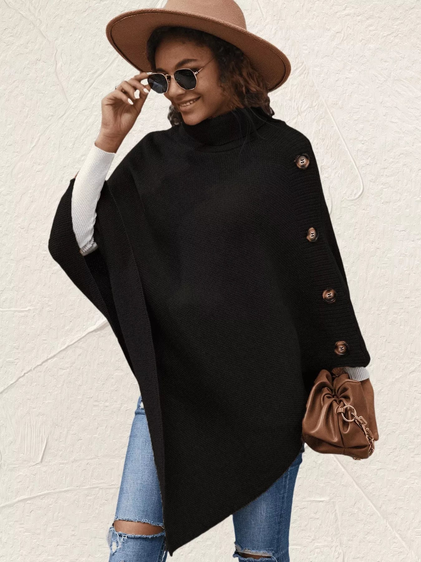 Button-Decor Turtleneck Poncho Pullover