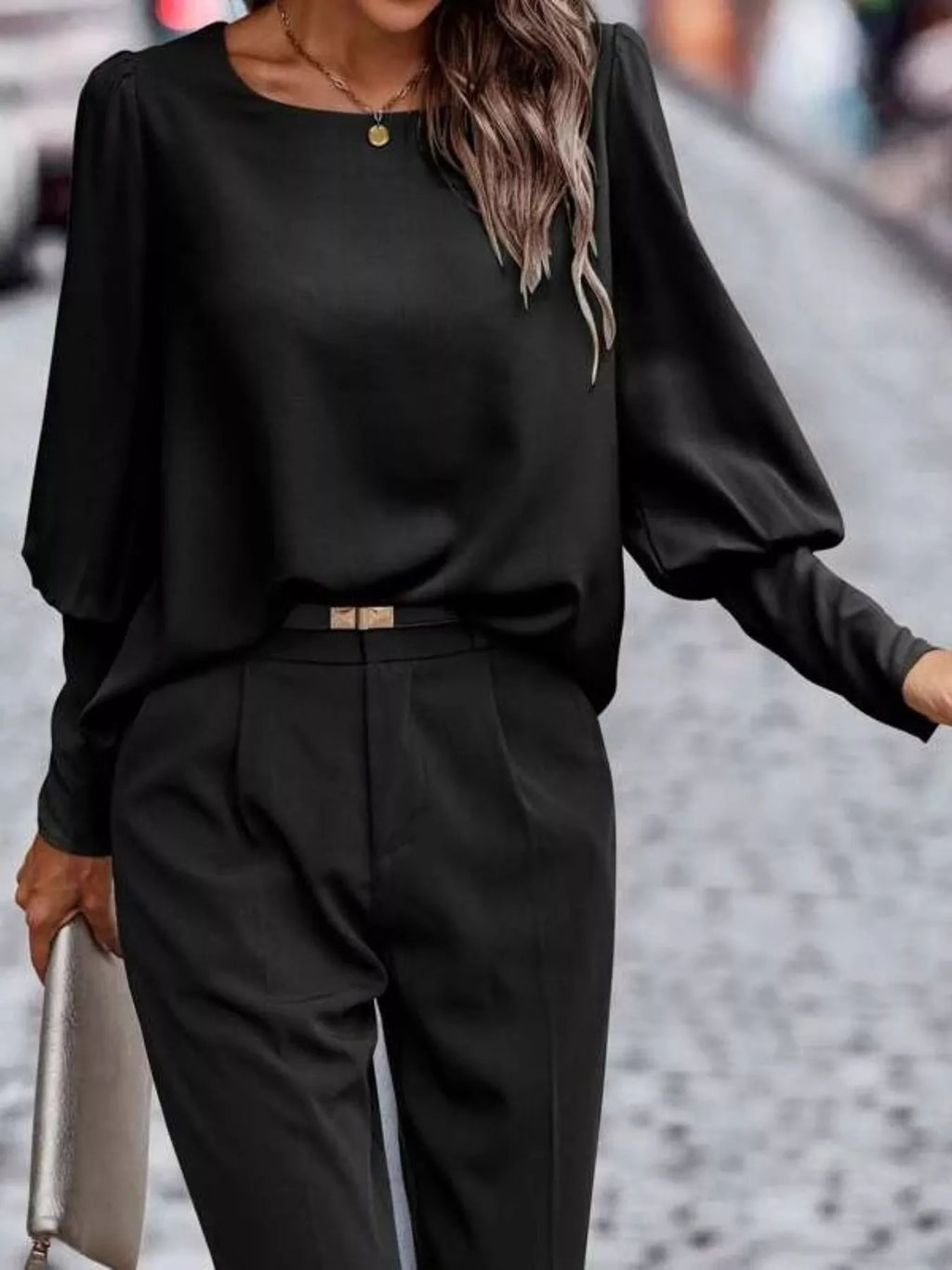 Back Button Lantern Sleeve Blouse