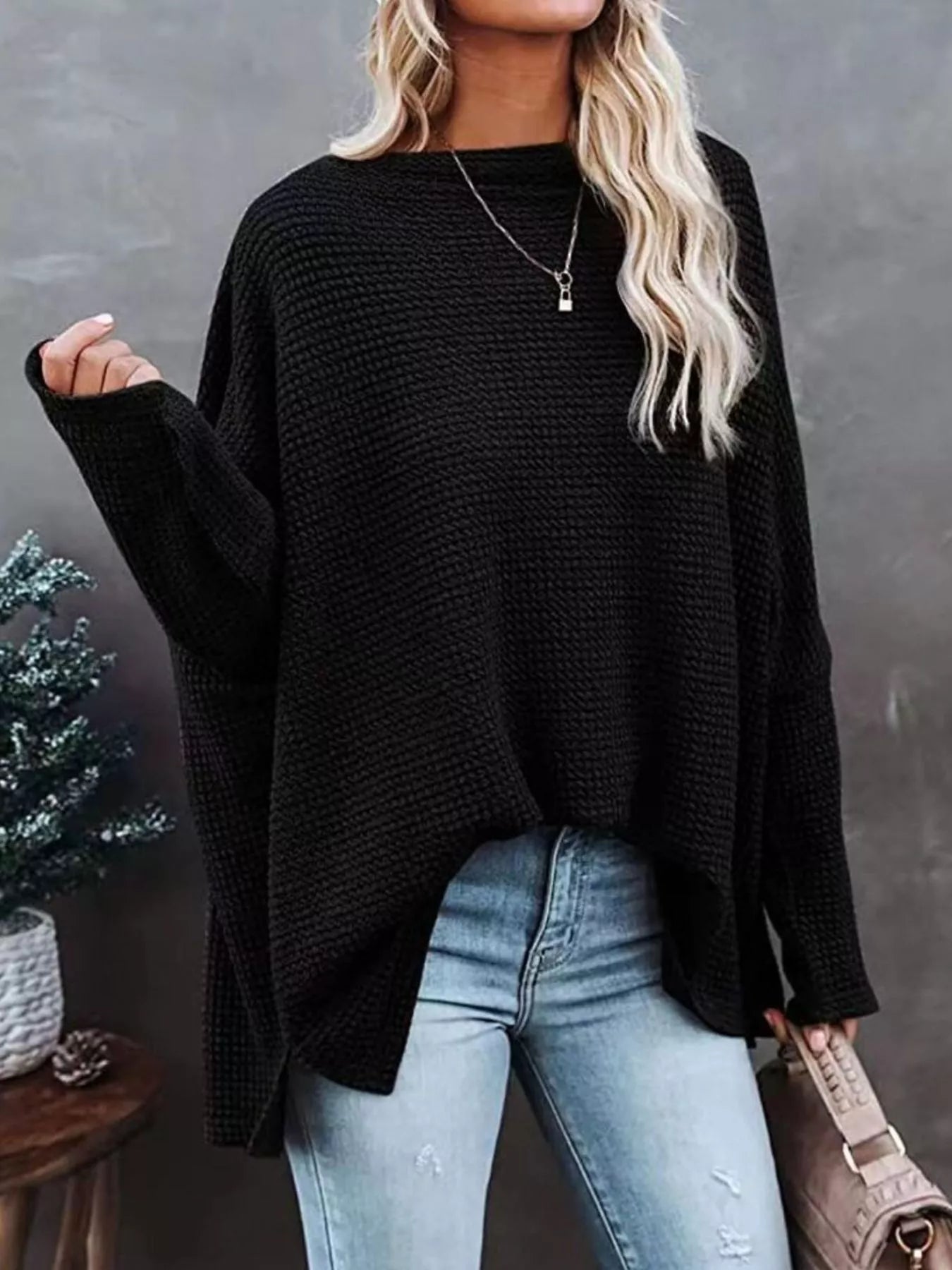 Waffle Knit Boat Neck T-Shirt