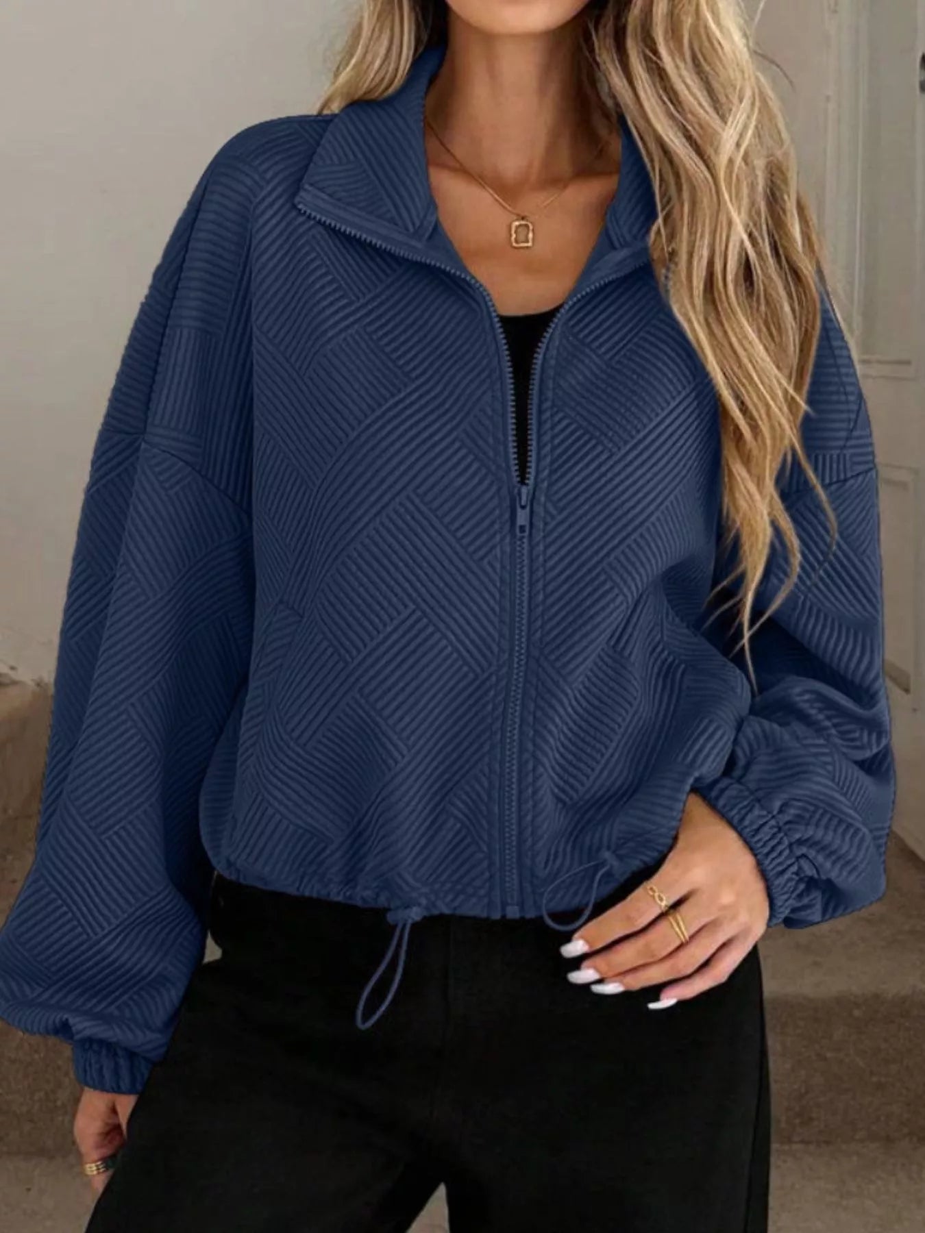 Textured Zip-Up Drawstring Hem Jacket