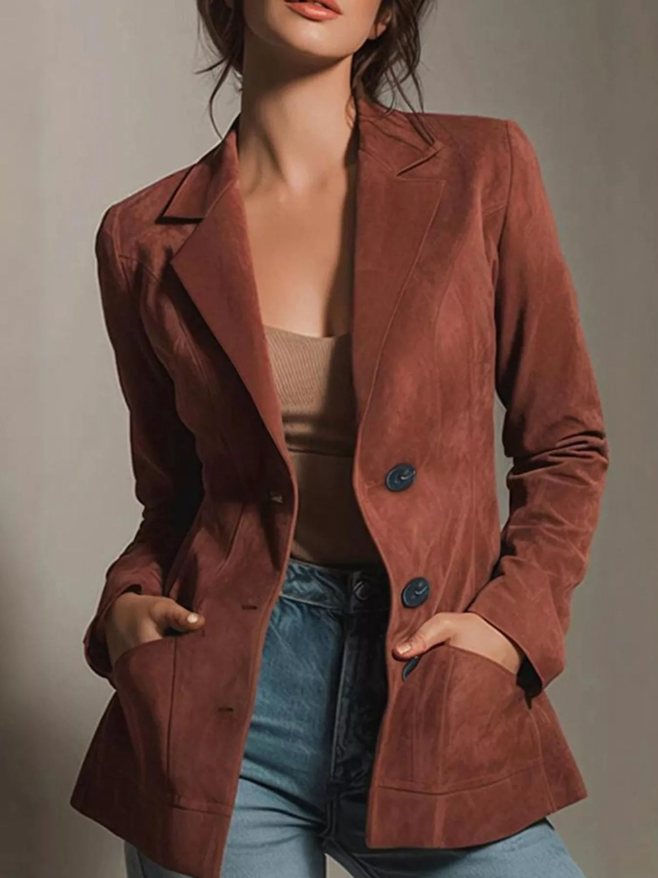 Button Up Lapel Collar Blazer