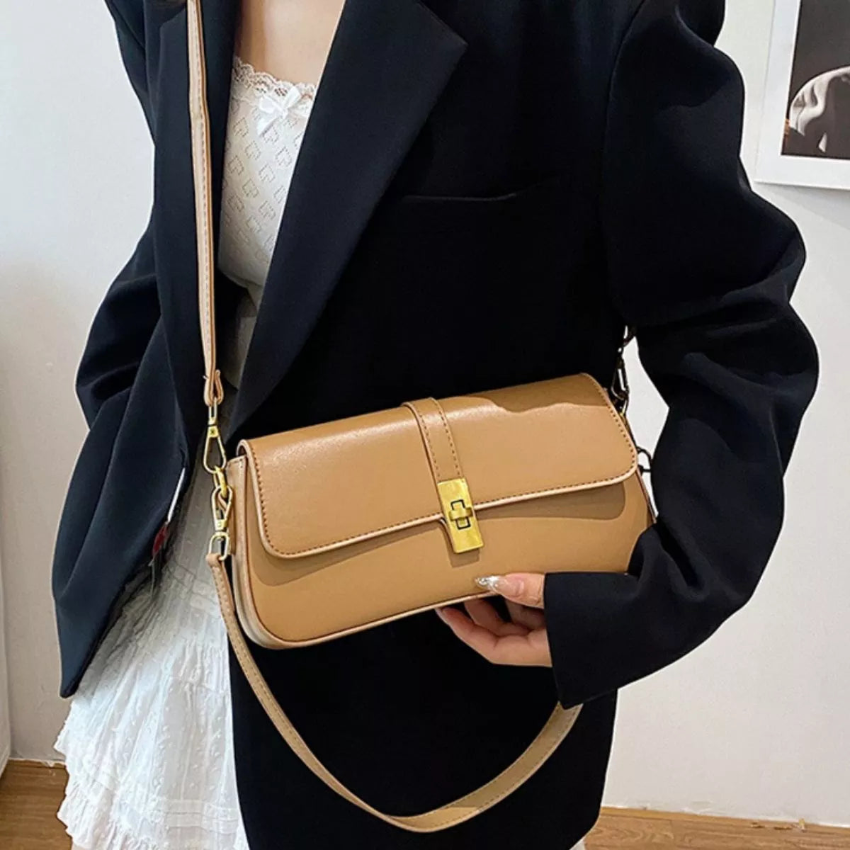 Rectangular Crossbody Bag with Golden Buckle