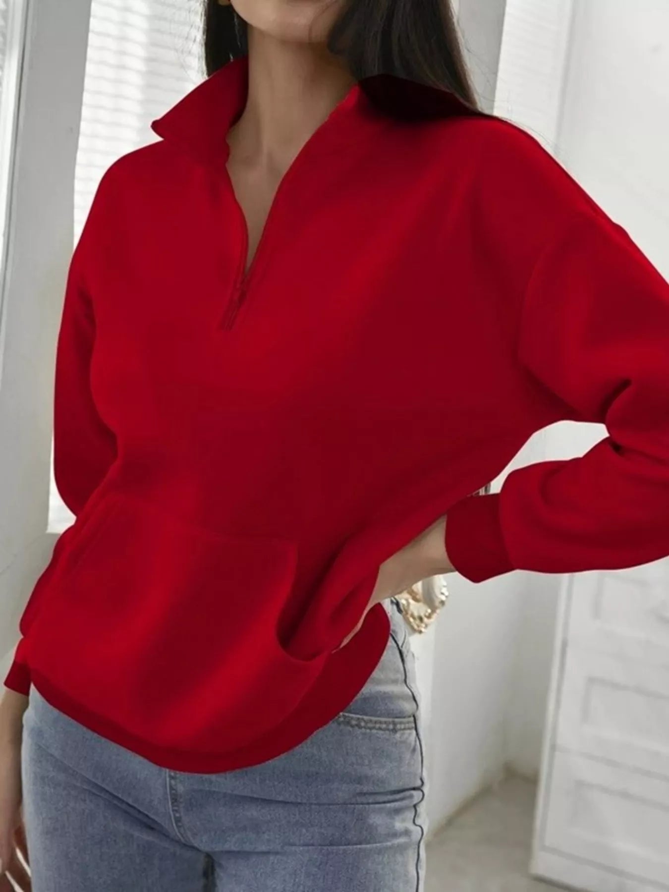 Zip-Up Collar Sweatshirt with Pocket