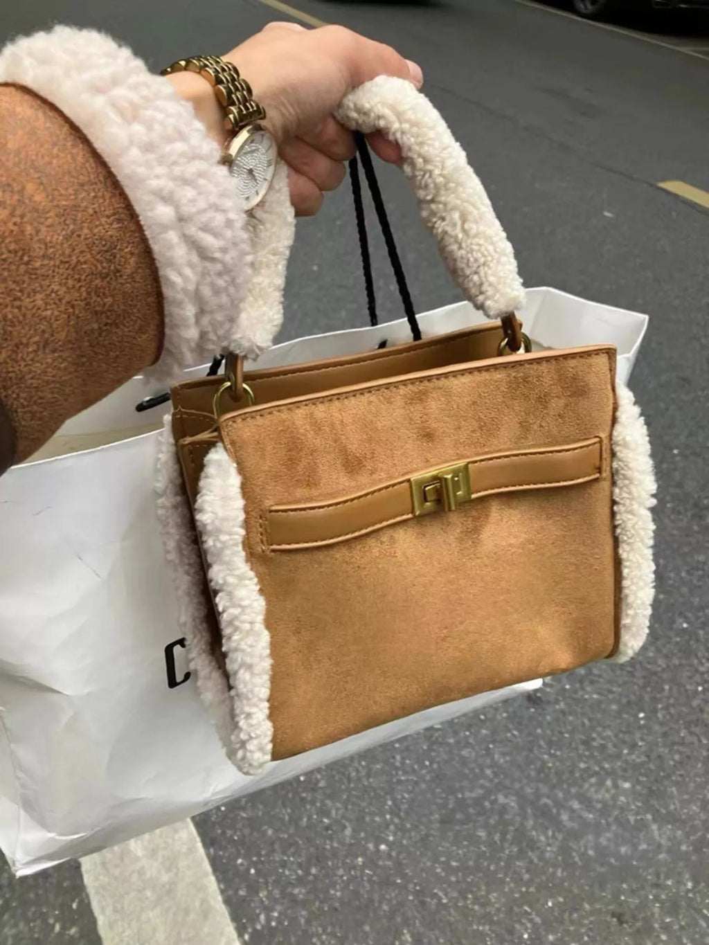 Sherpa Trim Suede Crossbody Bag