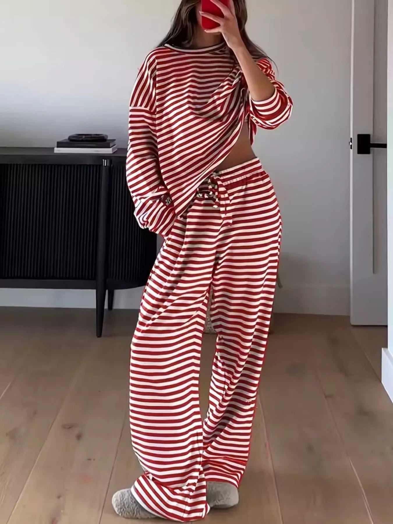 Striped Round Neck Top and Pants Set