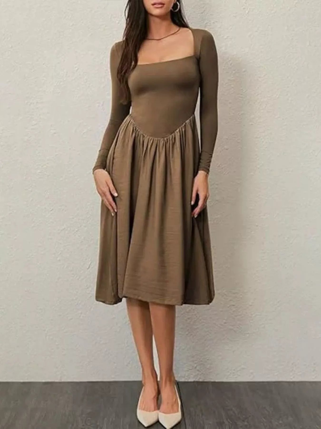 Square Neck Long Sleeve Midi Dress