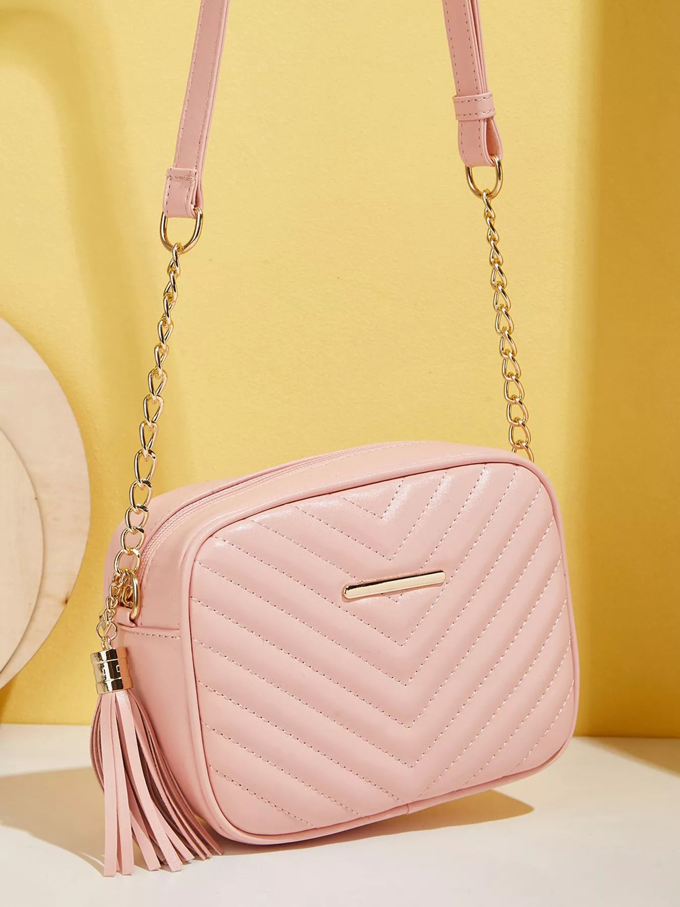 Quilted PU Leather Crossbody Bag with Tassel