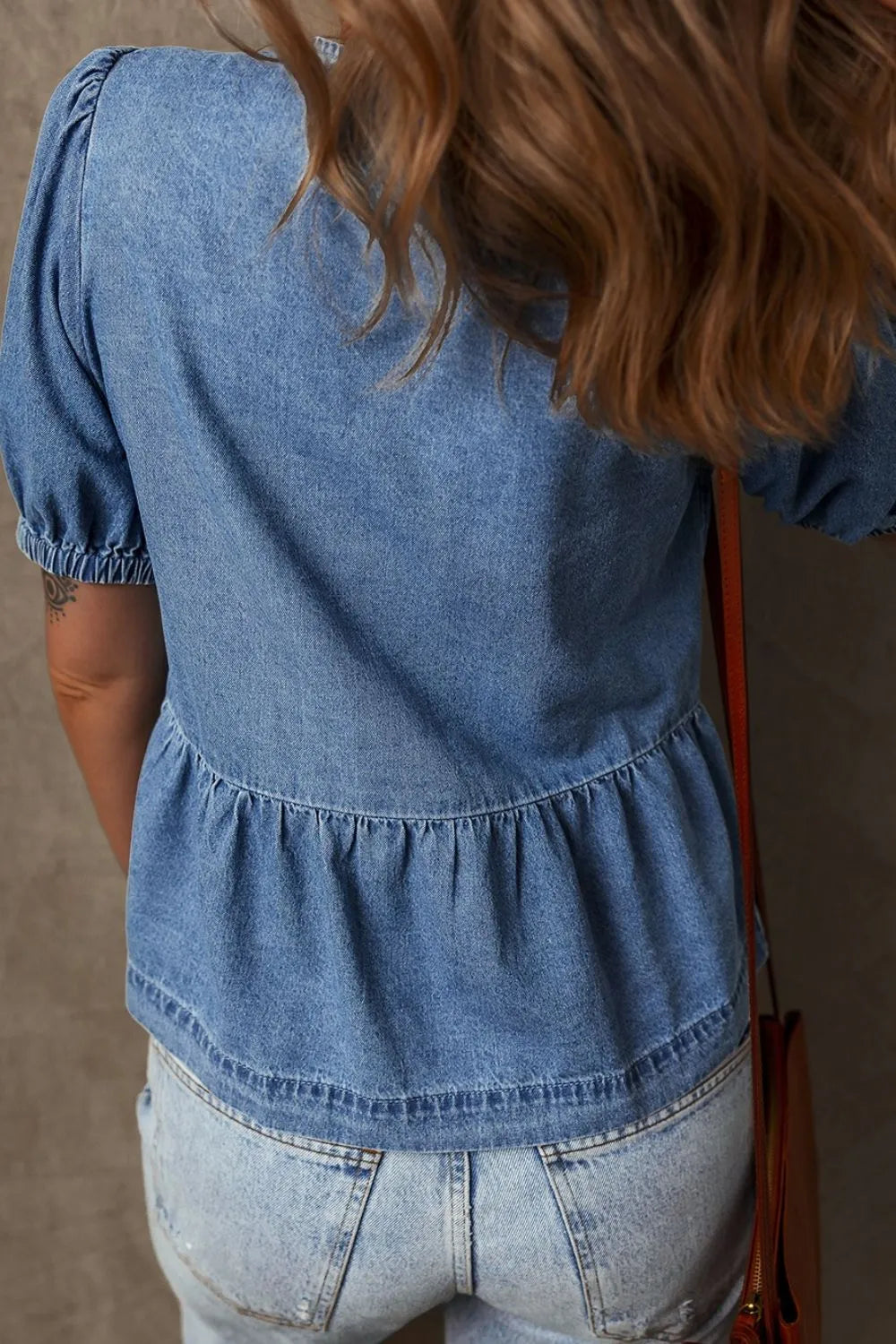Tied Front Puff Sleeve Peplum Denim Shirt