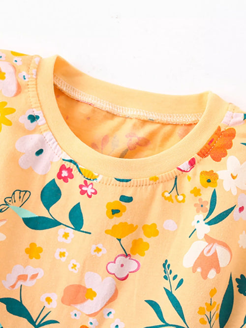 Children's Floral Print Ruffle Trim T-Shirt and Shorts Set