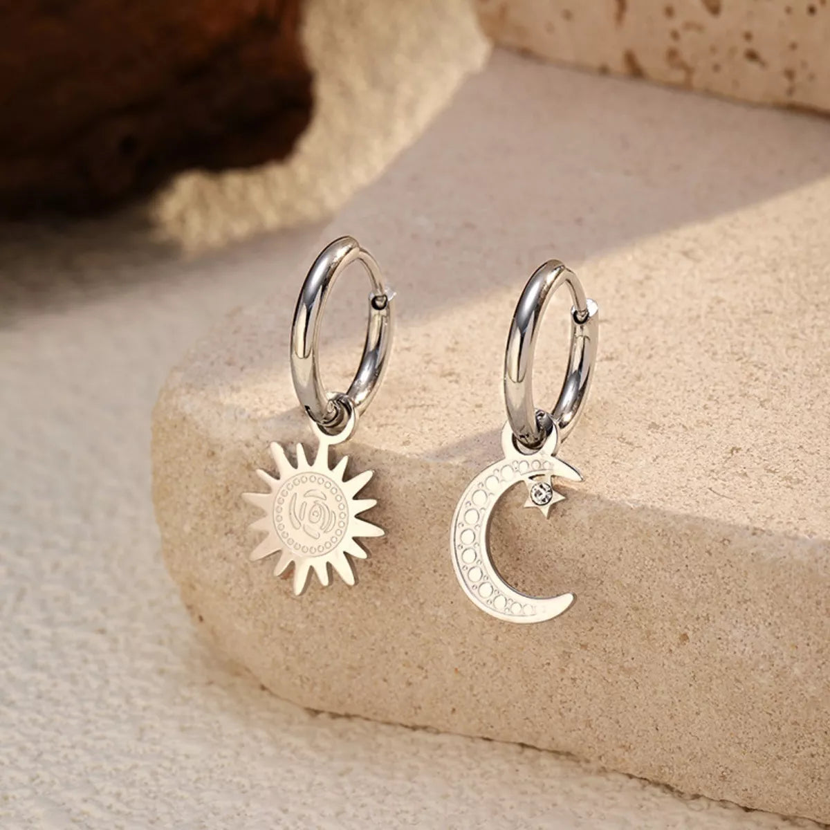 Sun and Moon Dangle Hoop Earrings