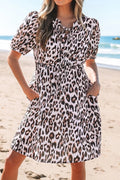 Leopard Tied Front Keyhole Puff Short Sleeve Mini Dress