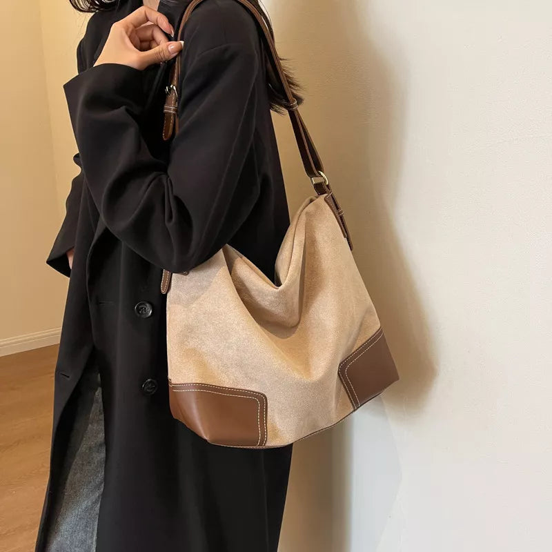 Suede Tote Bag with Leather Trim