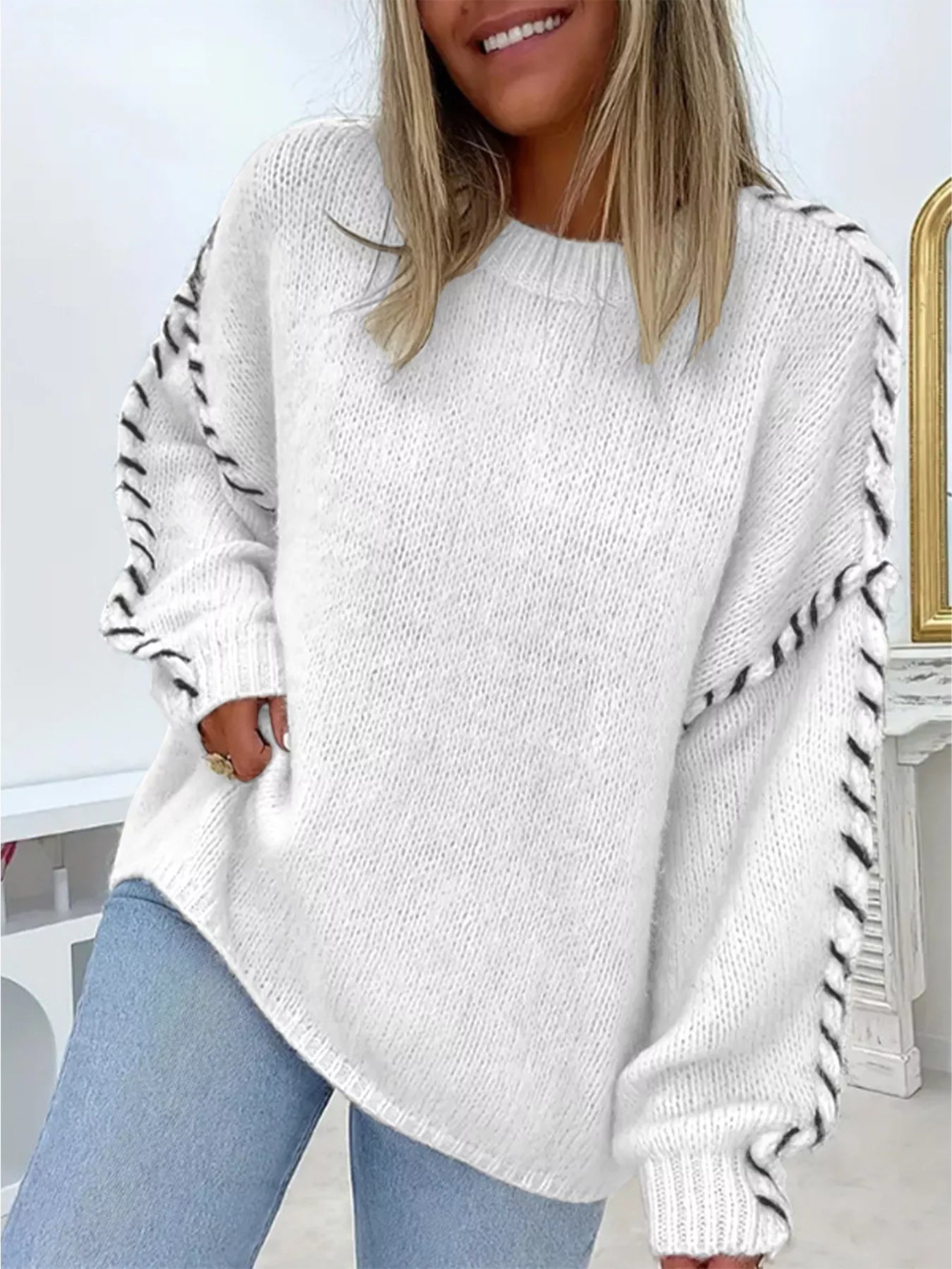 Contrast Stitching Dropped Shoulder Sweater