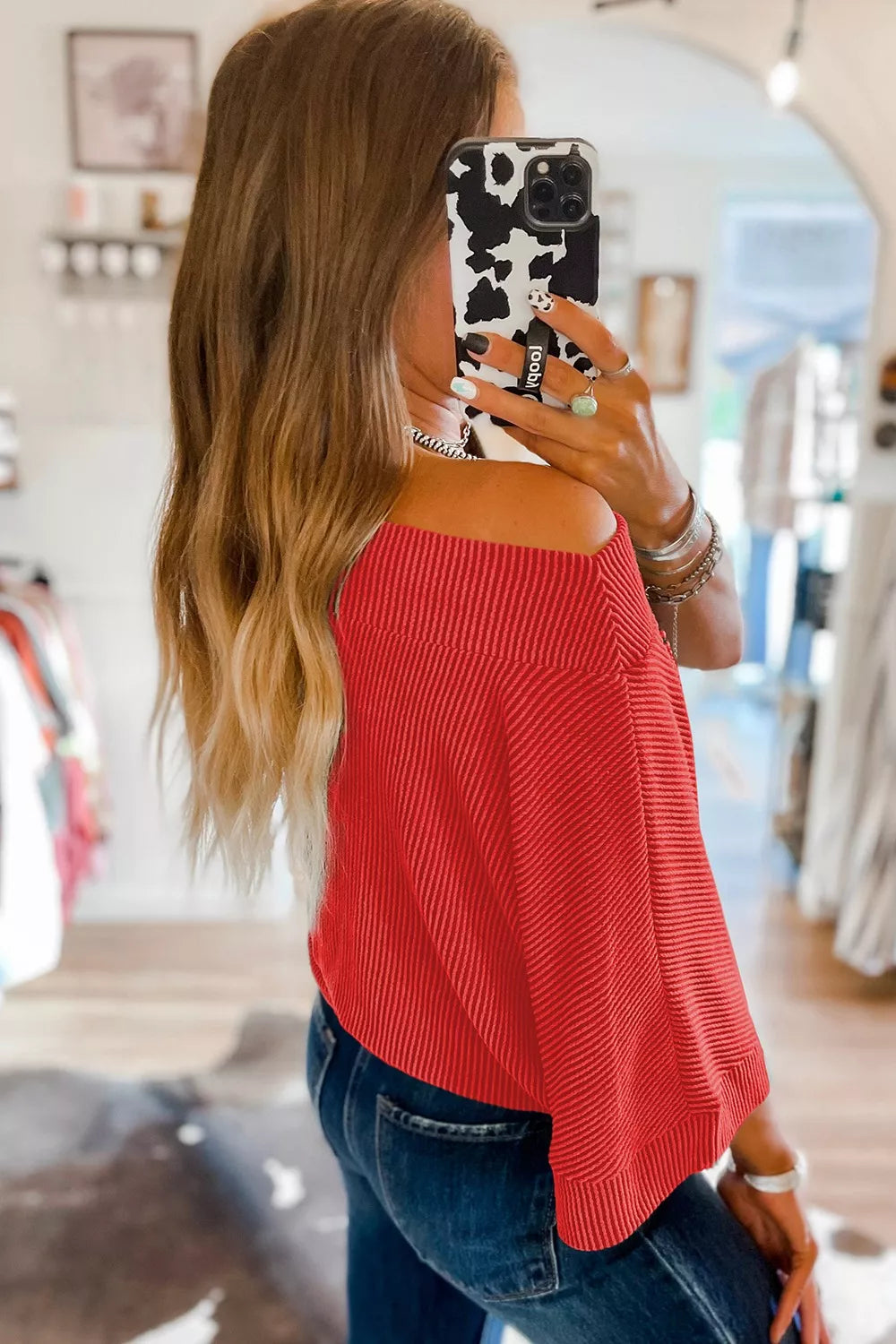 Ribbed Knit Off-Shoulder Blouse