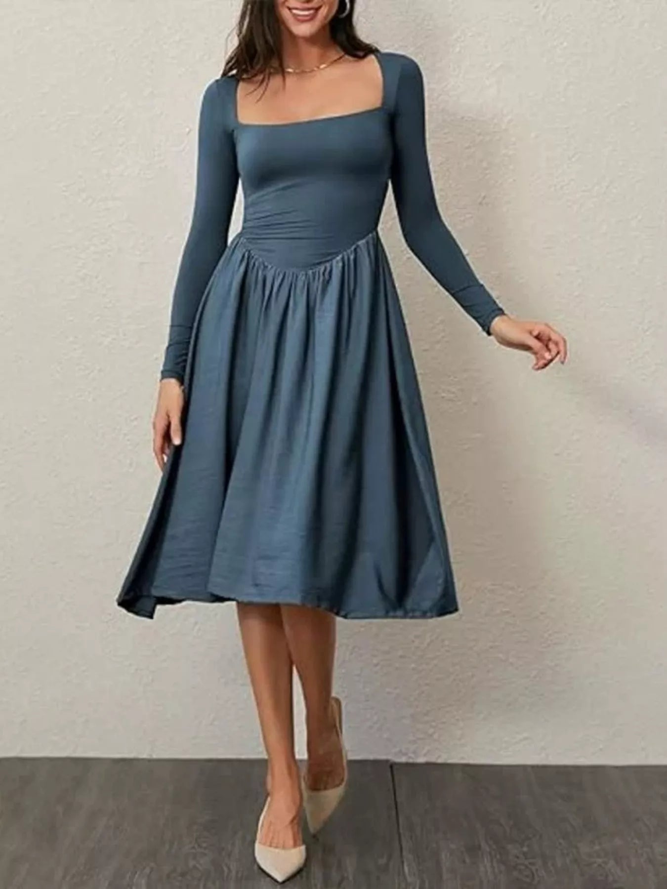 Square Neck Long Sleeve Midi Dress