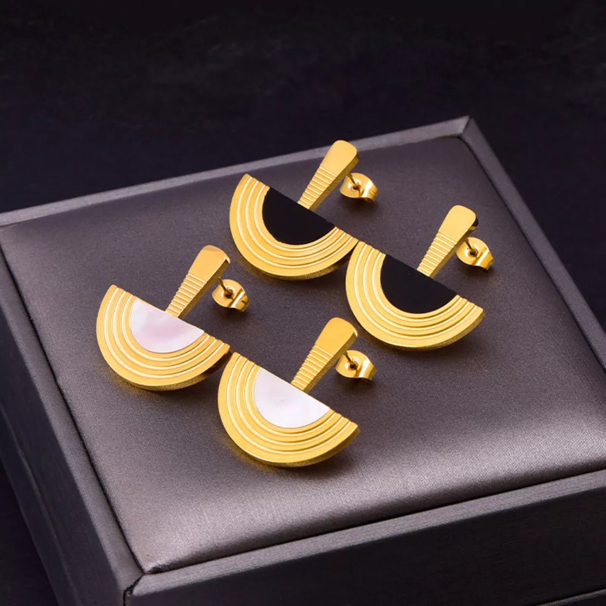 Geometric Half-Circle 18K Gold Plated Necklace Ring and Earrings Jewelry Set