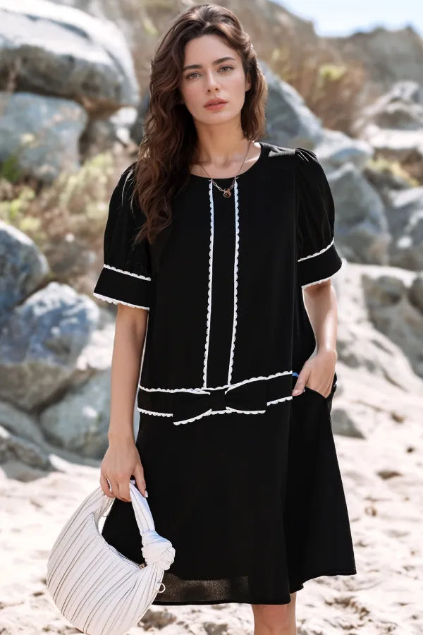 Contrast Scallop Trim Bow Detail Short Sleeve Shift Dress