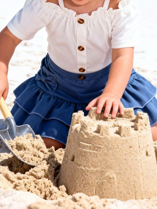 Children's Off-Shoulder Top and Ruffled Denim Skirt Set