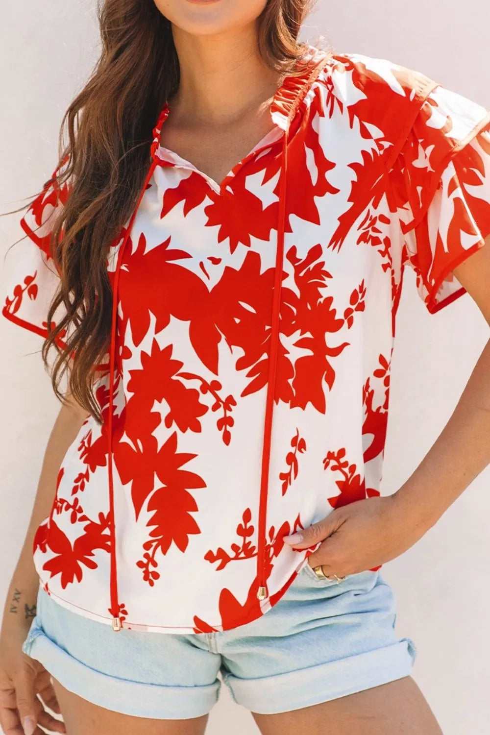 Plant Print Tiered Ruffled Sleeve Tie Neck Blouse