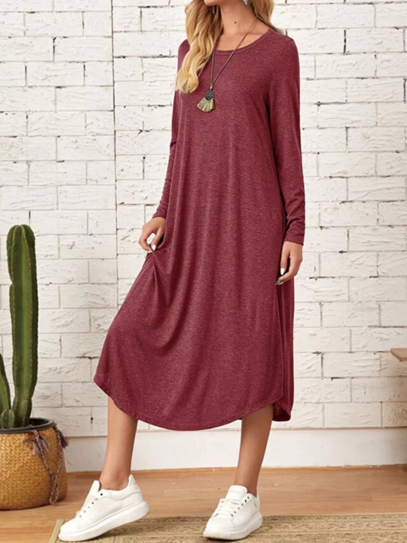 Casual Long Sleeve Pocket Midi Dress