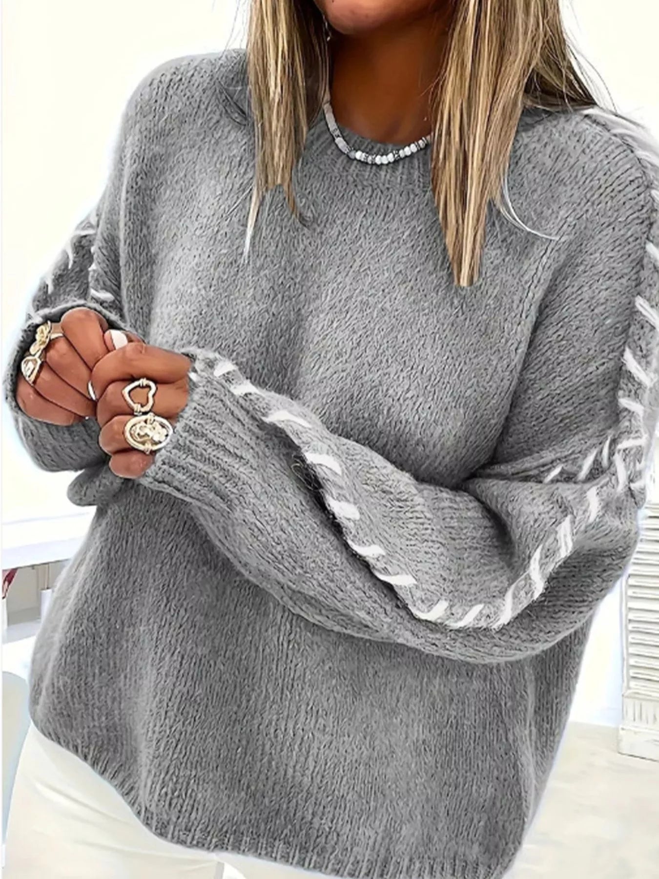 Contrast Stitching Dropped Shoulder Sweater
