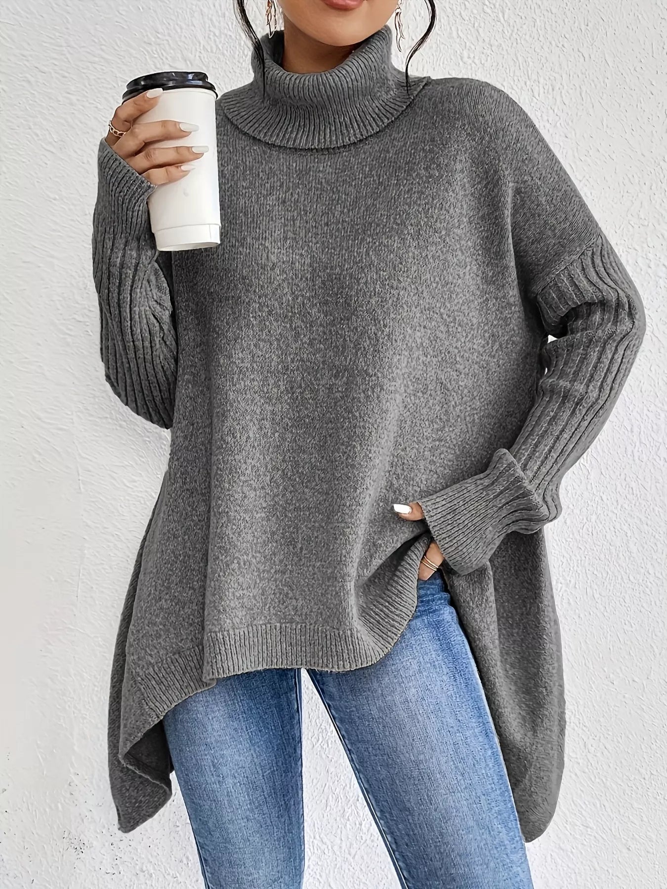 Turtleneck High-Low Hem Sweater