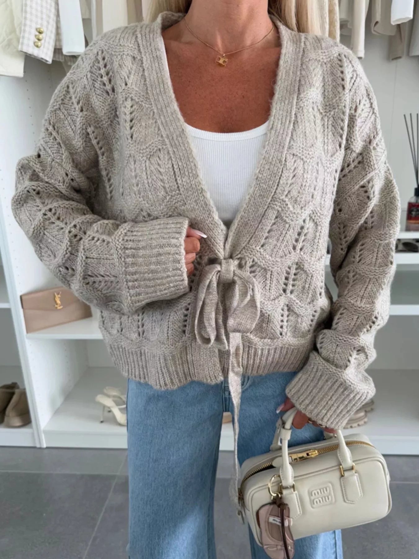 Tie-Front Openwork Cardigan