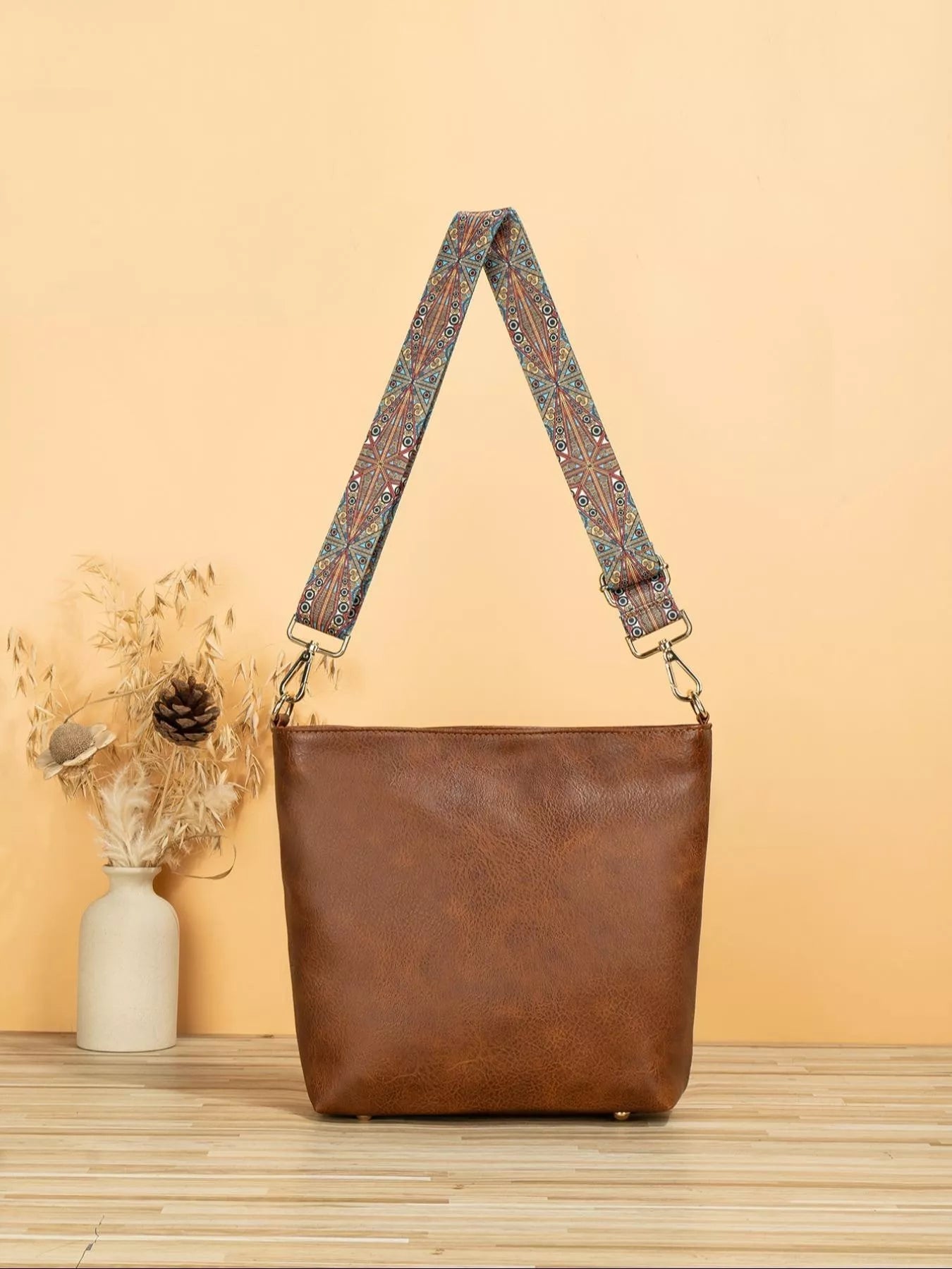 PU Leather Crossbody Bag with Patterned Strap