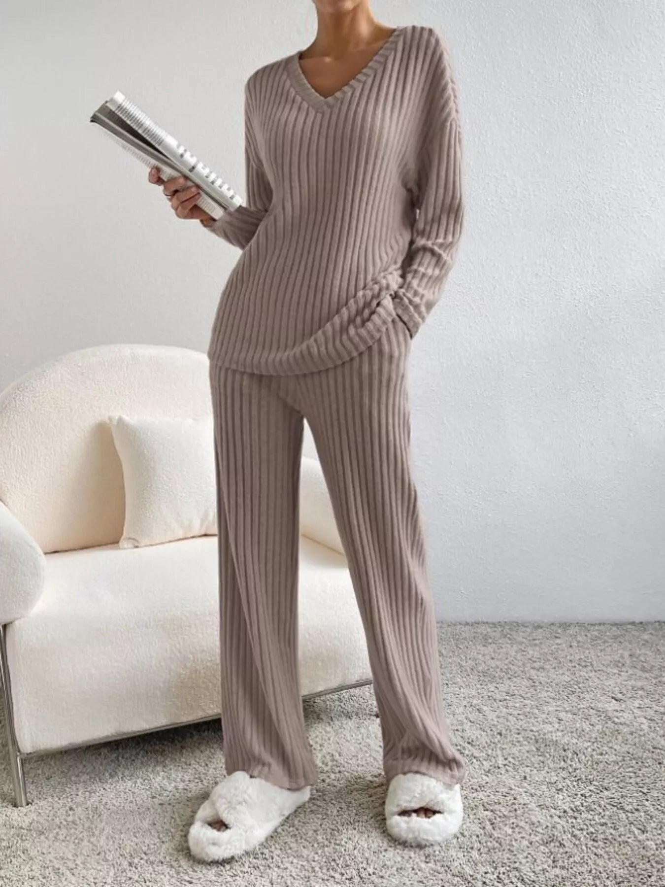 Ribbed Knit V-Neck Top and Pants Set