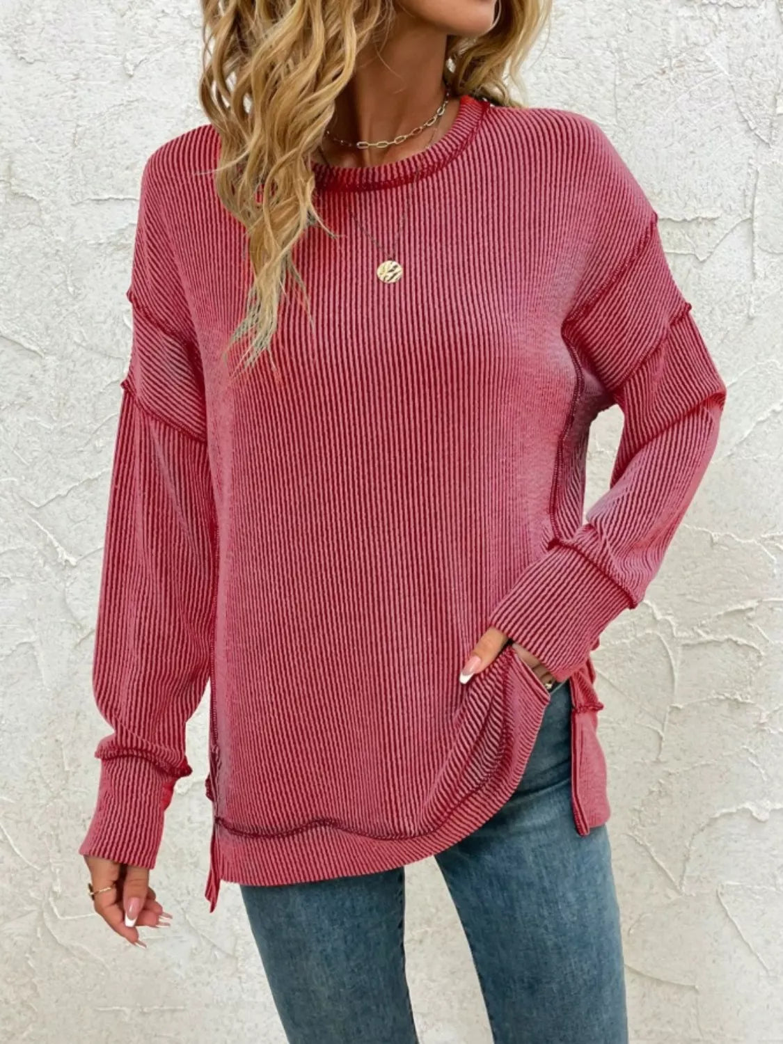 Side Slit Round Neck Sweatshirt