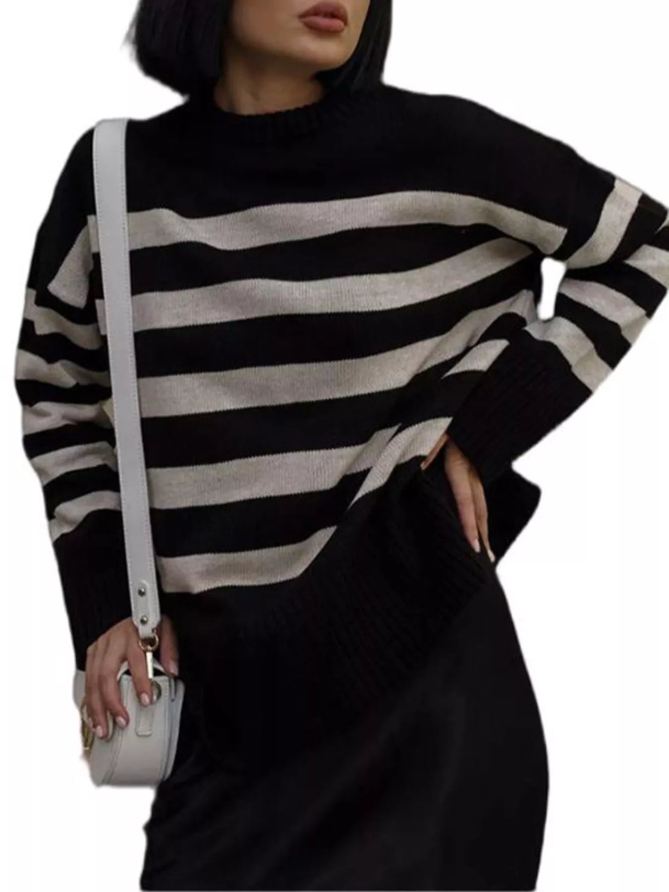 Side Slit Striped Oversized Knit Sweater