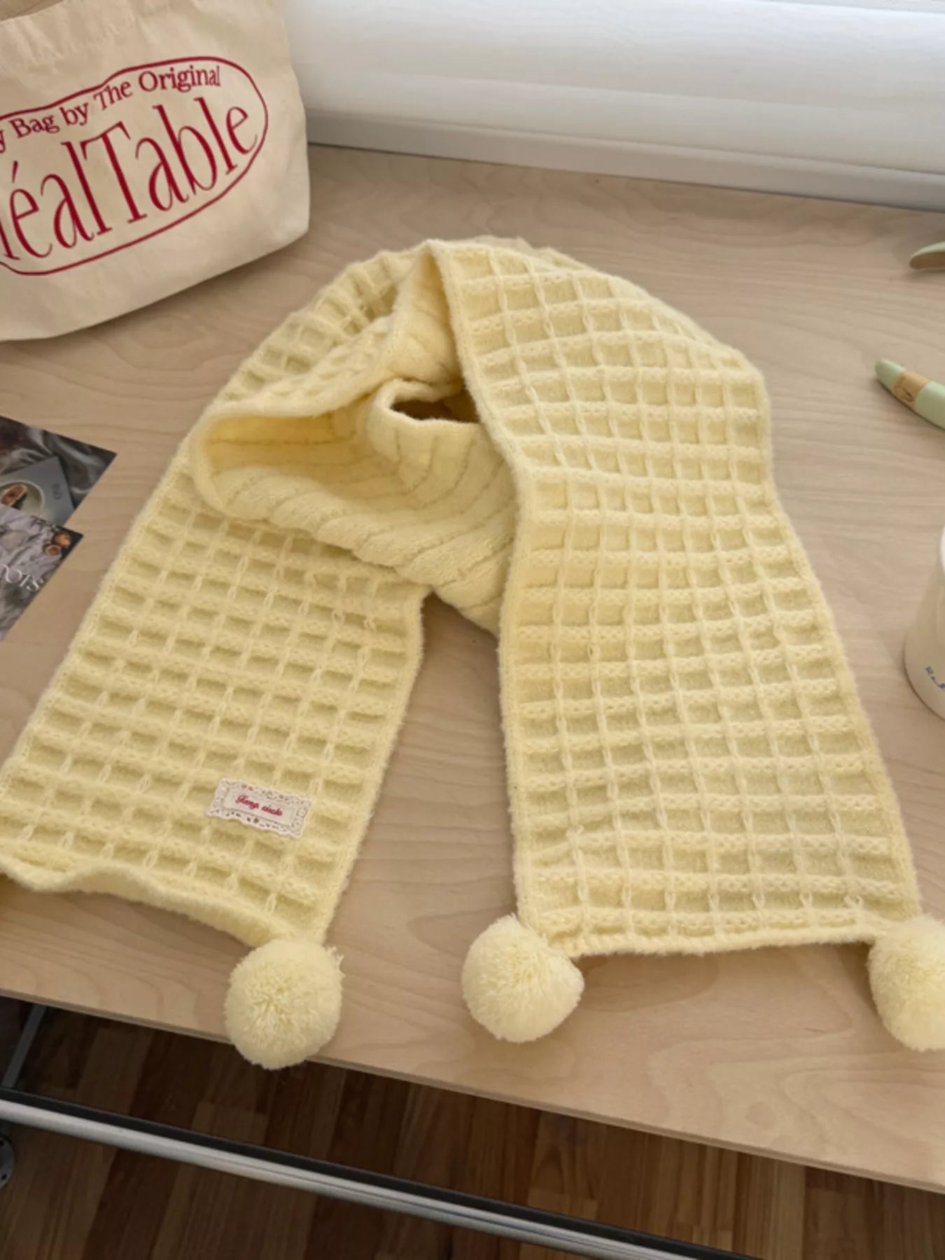 Waffle Knit Pom-Pom Scarf
